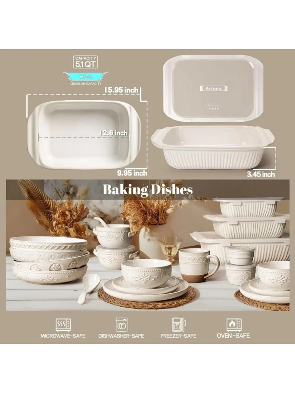 Large 5.1 Quart Casserole Dish with Handles, Deep Lasagna Pan, White Ceramic